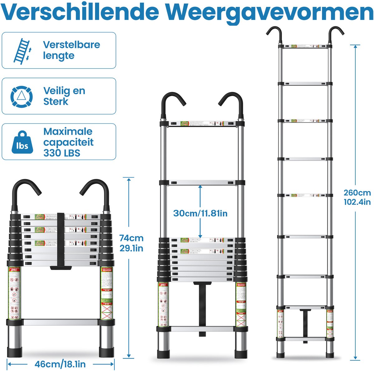 FelixKing aluminium telescopische ladder met stabiele haak, inklapbare ladder van 2,6 tot 5 meter met antislipvoetjes, lichtgewicht draagbare uitschuifladder voor huishoudelijk en buitengebruik, draagvermogen van 136 kg voor thuis, zolder en vliering – foto 6