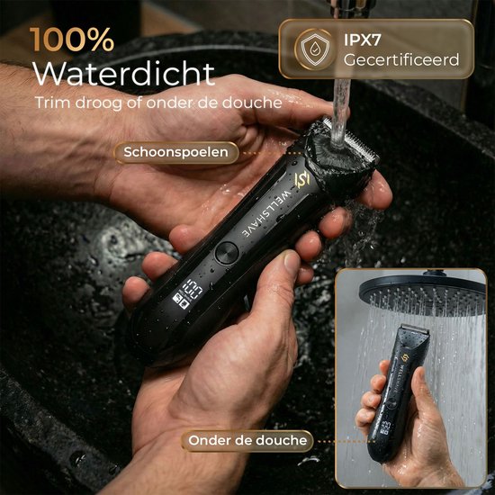 Zwarte Wellshave trimmer wordt afgespoeld onder een kraan en gebruikt onder de douche. 100% waterdicht, IPX7 gecertificeerd.