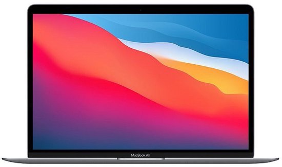 Vooraanzicht van een geopende MacBook Air met een abstract gekleurde bureaubladachtergrond.