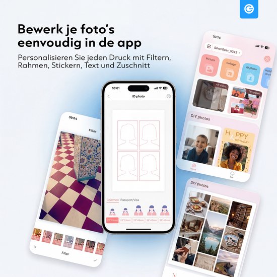 Een smartphone met de Silvergear app toont foto's, collages en ID-foto's. De app wordt gebruikt om foto's te bewerken.