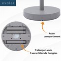 Basis van een grijze staande ventilator. Toont het batterijcompartiment aan de onderkant en de bevestigingspunten voor hoogte.