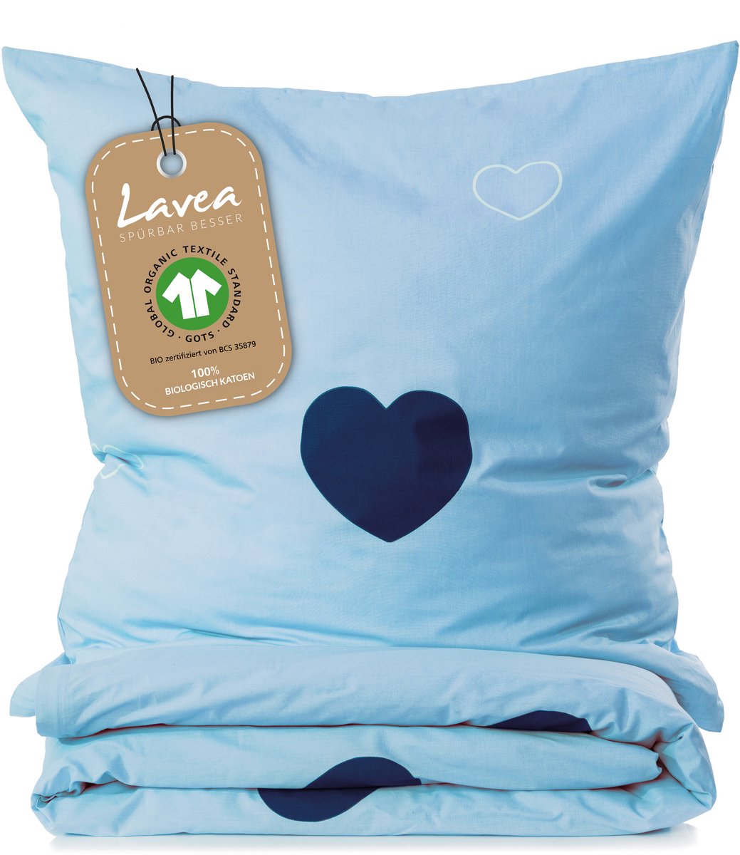 Lavea® Kinderbeddengoed van 100% biologisch katoen – 1 dekbedovertrek 135x200 cm + 1 kussensloop 80x80 cm – Zacht, ademend – Hartjesmotief Lichtblauw & Blauw