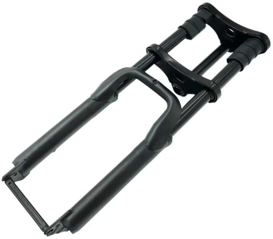 Zwarte EB-Parts voorvork voor Ouxi V8 fatbike met dubbelgeveerde constructie.