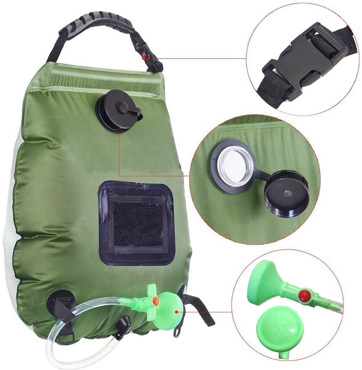 Buitendouche zonneenergie - Campingdouche - Tuindouche - Huitendouche camper - Douchezak voor kamperen en reizen - Buitendouche warm water outdoors - Legergroen - PVC - 20L thumbnail 2