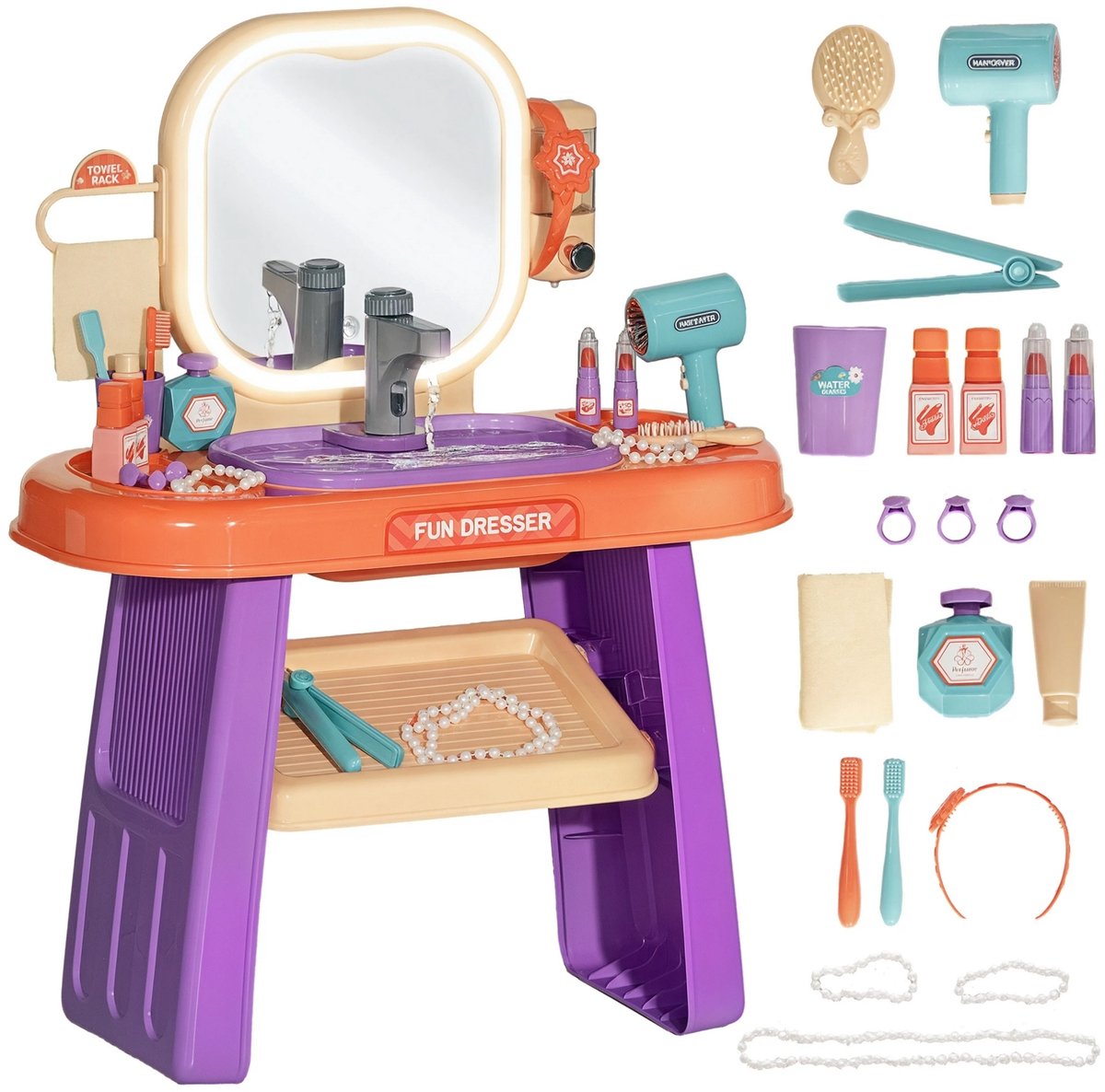 Happiq Kinderkaptafel met Spiegel – Make-up Tafel met LED Licht & Muziek – Paars