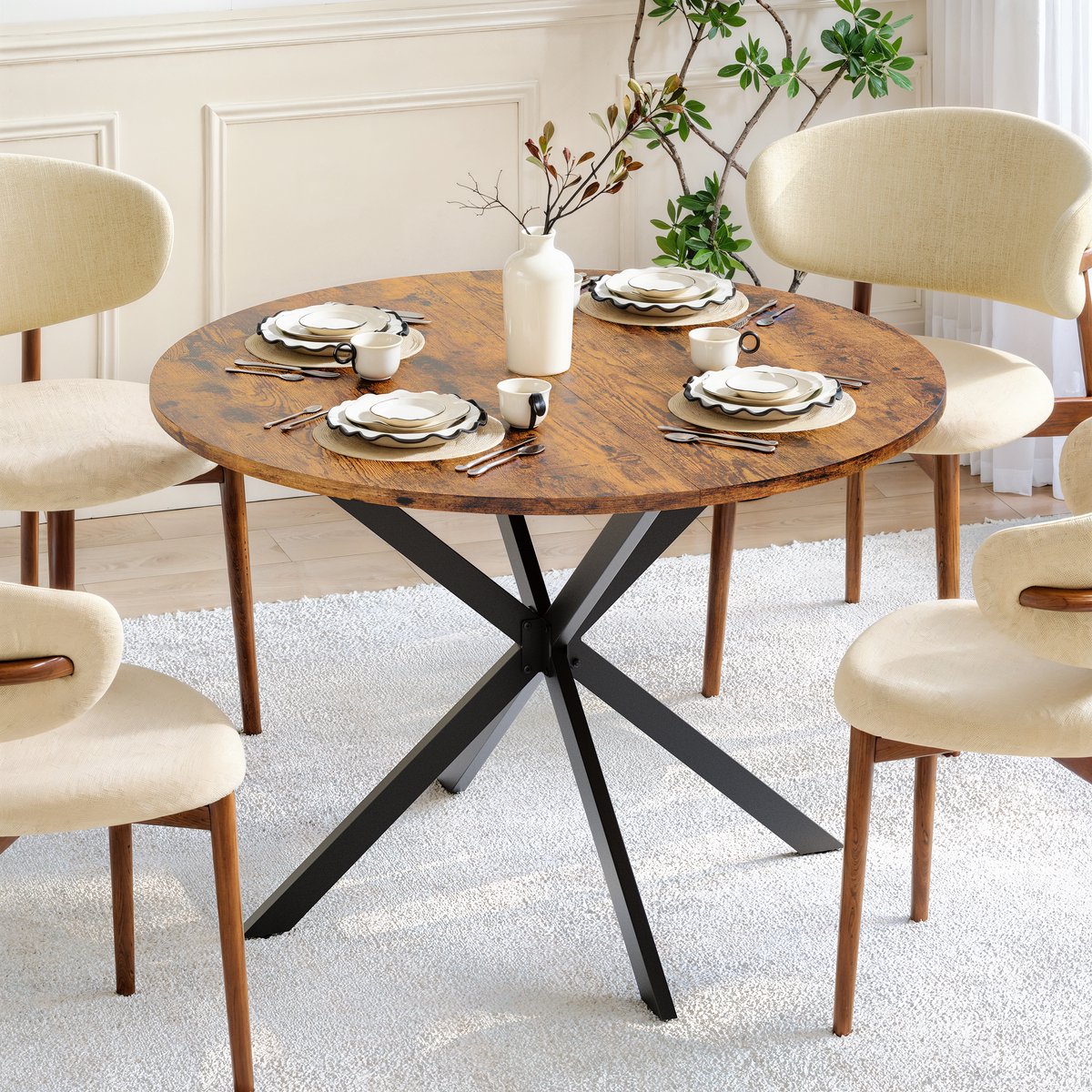Bruin Spaanplaat Ronde Eettafel Ijzer X Onderstel 120x78cm Voor 4-6 Personen