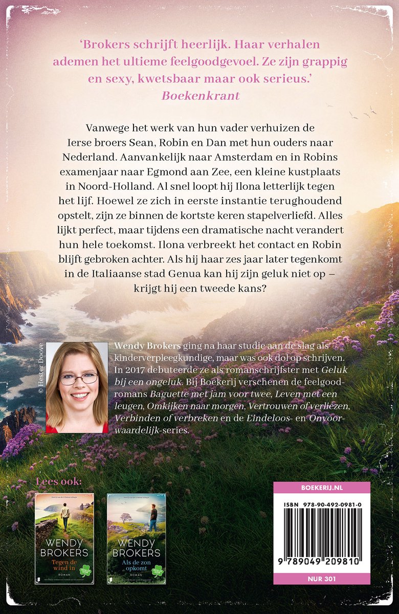 Boek met foto van auteur Wendy Brokkers, rode bril, lachend. Achtergrond met weidse bloemenvelden, heuvels, zee en rotsen.