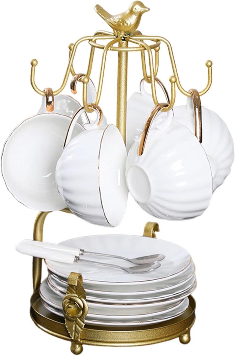 Koffiemok houder - Theekop rek - Aanrecht organiseren - Vogel design handvat - 6 mokken - Goud