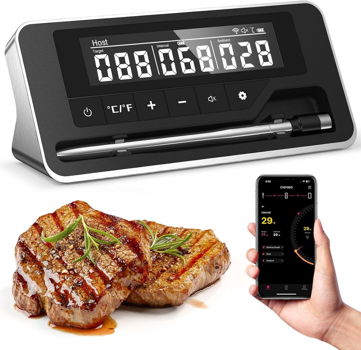Draadloze Vleesthermometer - Bluetooth Grillthermometer - BBQ en Oven - IP67 Waterdicht - 150 Meter Bereik - Zwart
