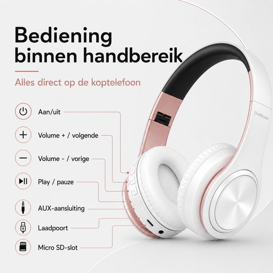 DrPhone BH1 - Draadloze Bluetooth Koptelefoon - FM Radio, Micro SD en AUX - On-Ear Headset met Microfoon - Wit/Rose