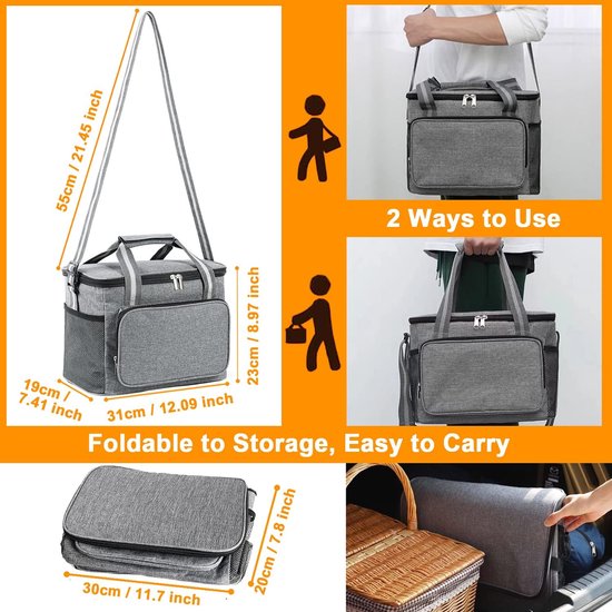 15L koeltas, picknicktas, kleine opvouwbare thermische voedseltas, geïsoleerde tas, waterdichte lunchtas voor mannen en vrouwen, koeltas voor reizen, kamperen, auto, kantoor, school, werk, Grijs — afbeelding 3