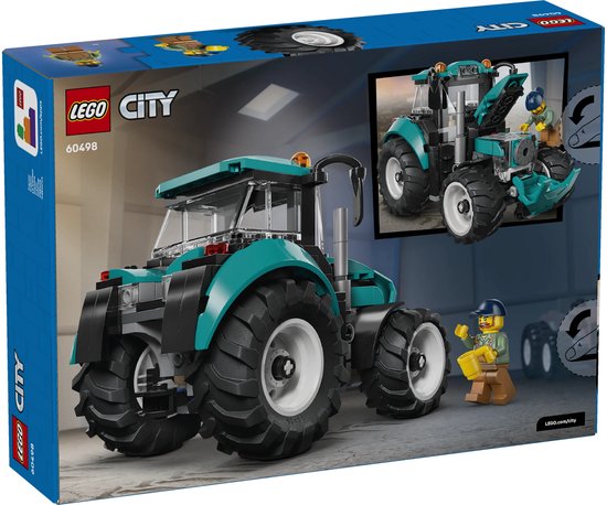 Doos van LEGO City Tractor 60498 met tractor en minifiguren.
