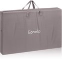 Grijze transporttas met draaggrepen en rits, met "lionelo" logo.