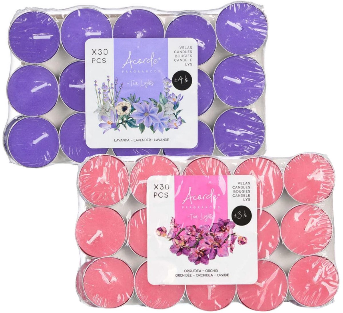 Atmosphera Acorde theelichtjes - 60x - 30x lavendel - 30x orchidee - aroma/geurkaarsen Koraalroze