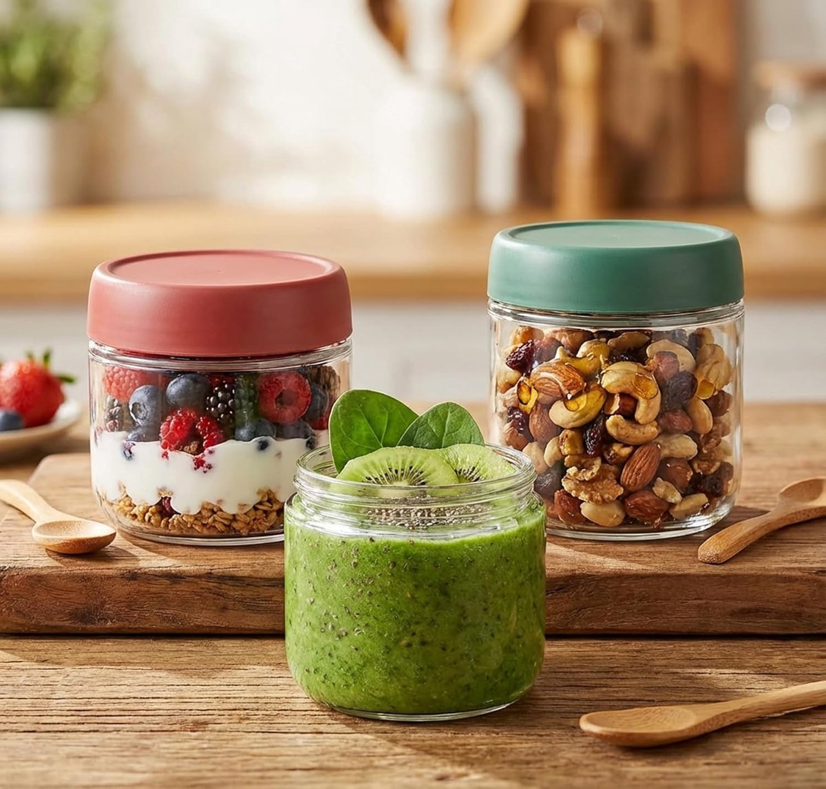 Set van 3 overnight oats potjes glas - vershoudbakjes - voorraadpotten - glazen potjes met deksel - Met deksels - 283 ml - Geschikt voor saladedressings en snacks - Meerkleurig — cadeau in Wonen & Interieur - foto 5