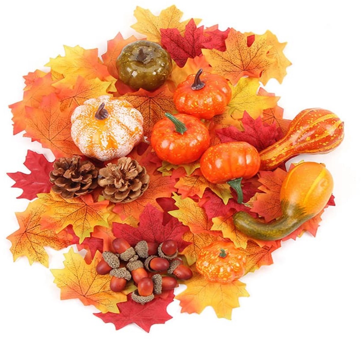 Dailygoods- Kunstmatige Pompoenen Set - 8 Diverse Pompoenen - 30 Esdoorn Bladeren - 10 Eikels - 2 Dennenappels - Herfst Decoratie - Herfstdecoratie