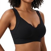 Zwarte naadloze sport bh dames – draadloze beha met V hals en uitneembare pads – comfortabele rib structuur bh top – ademende ondersteunende sportbeha geschikt voor yoga fitness hardlopen en dagelijks gebruik