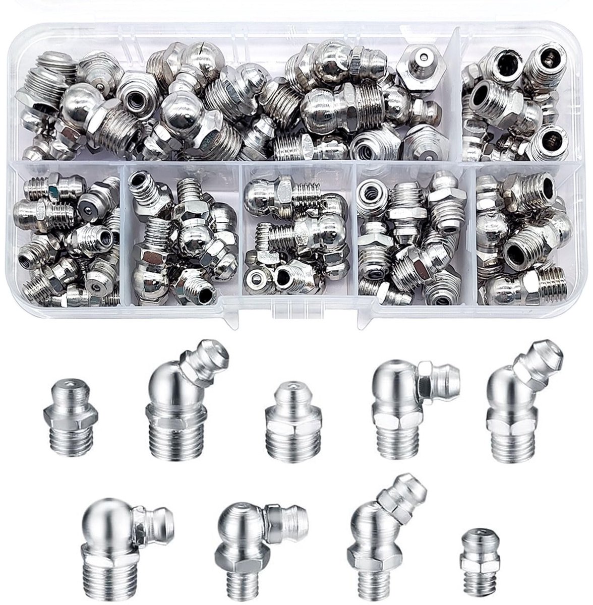 Dailygoods- Smeernippels Set 65 Stuks - Vernikkeld IJzer - M6/M8 - 45°/90°/180° - Robuuste Schroefdraad - Inclusief Opbergdoos - Smeernippelset