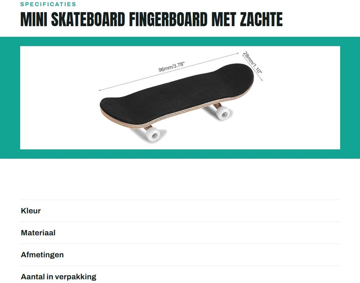 Dailygoods- Fingerboard Mini Skateboard - Esdoorn Houten Deck - Zachte Pad Lagerwielen - Nikkellegering Constructie - 96 x 28 mm - Schokabsorberend