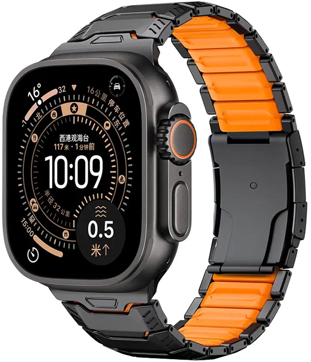 Strap-it Titanium mecha hybride band geschikt voor Apple Watch 1/2/3/4/5/6/7/8/9/10/11/SE/SE2/SE3/Ultra (2/3) - Maat: 44/45/46/49mm - Zwart/Oranje