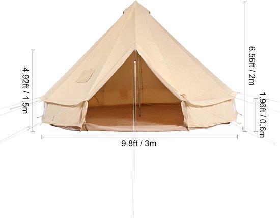 Velmio Tipi Tent - Glamping Tent - 4 Persoons Tent - Canvas - UV Zonbescherming - Kampeertent - Yurt Tent - met Kachelopening - 3 Meter - Beige — afbeelding 2