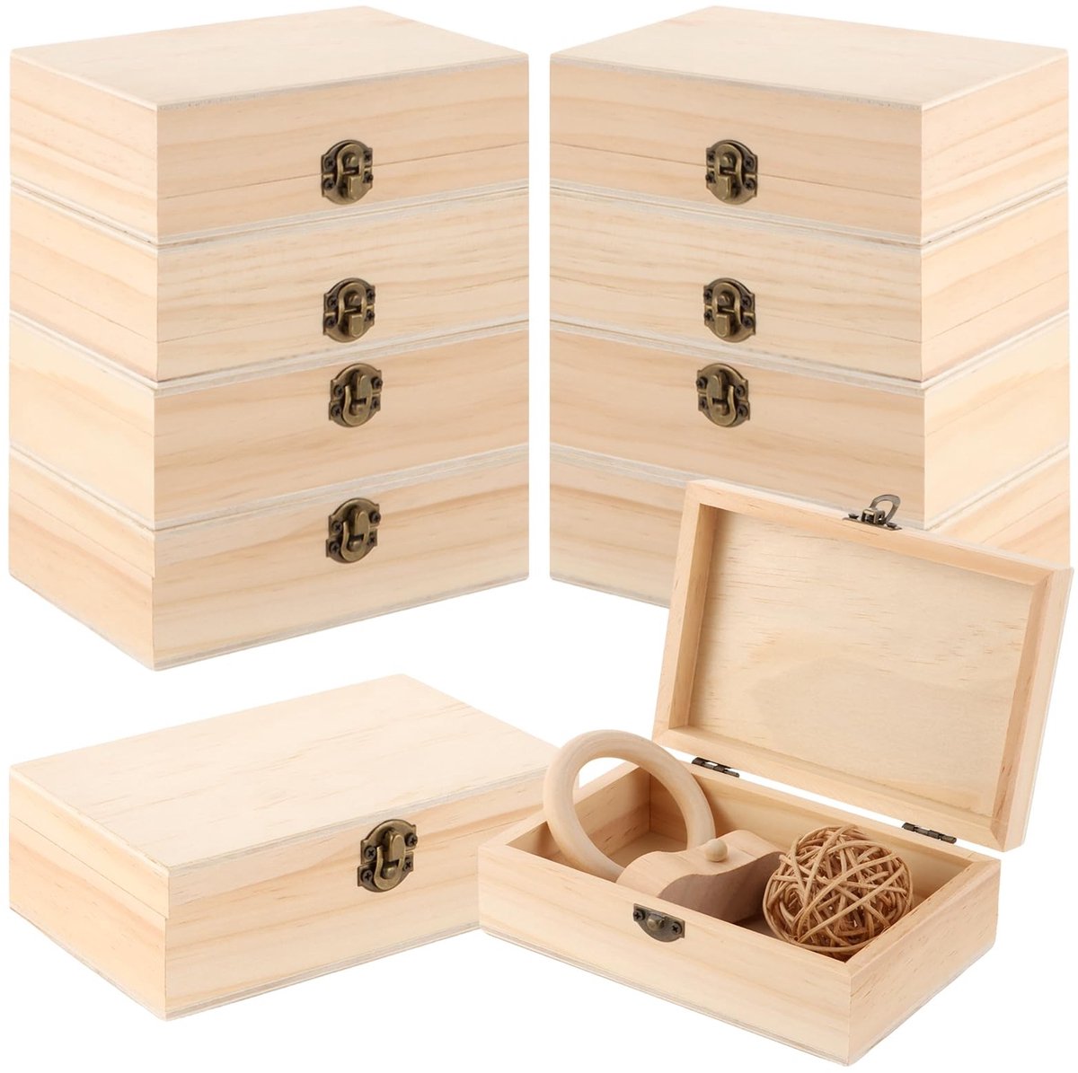 Dailygoods- Houten Kist - 10 Stuks - 15 x 10 x 5 cm - Houten Kist met Deksel - Schatkist - Kleine Houten Kist - Retro Gesp - Opbergdoos
