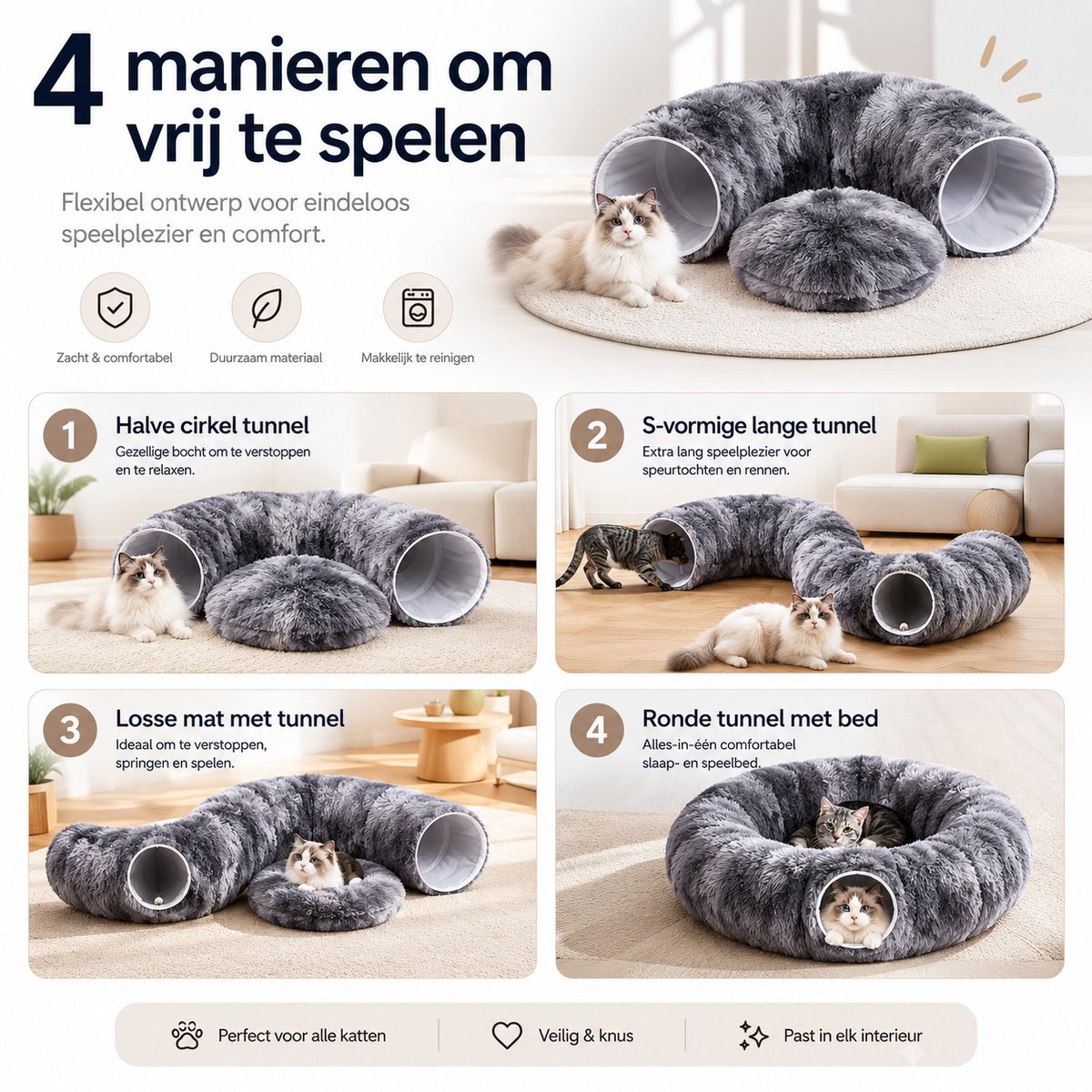 BOTC Kattentunnel met Kattenmand - Speeltunnel Voor Dieren - Tunnel Kat - Kattenhuis - Speeltunnel kat - Grijs thumbnail 4