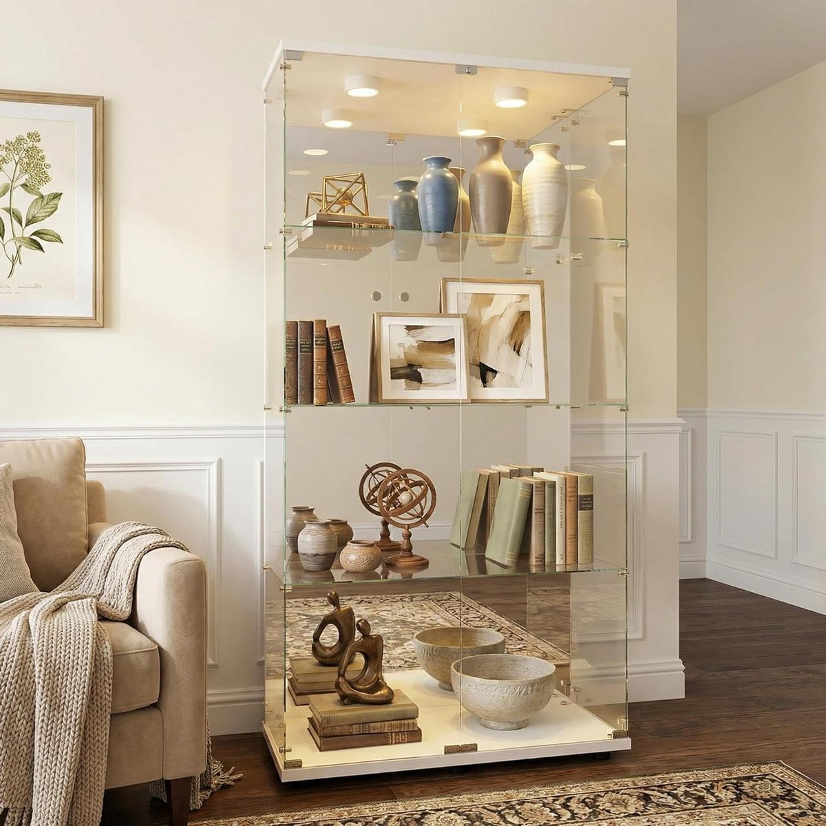 Glazen vitrinekast, staande vitrine met ledverlichting, staande glazen vitrinekast, met 4 glazen planken en glazen deuren, afsluitbaar, vitrinekast, glas voor woonkamer, kantoor
