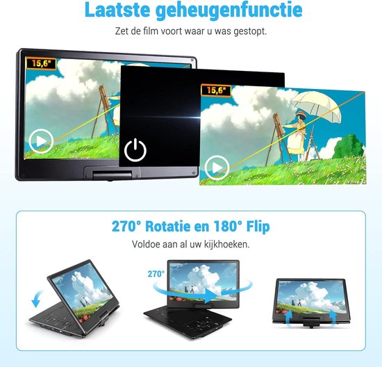 17,5'' Draagbare CD/DVD-speler met 15,6'' draaibaar HD-scherm, ondersteunt CD/MP3/USB/SD-kaarten, met batterij en stereogeluid, voor gebruik in de auto of als extern station voor de televisie — afbeelding 3