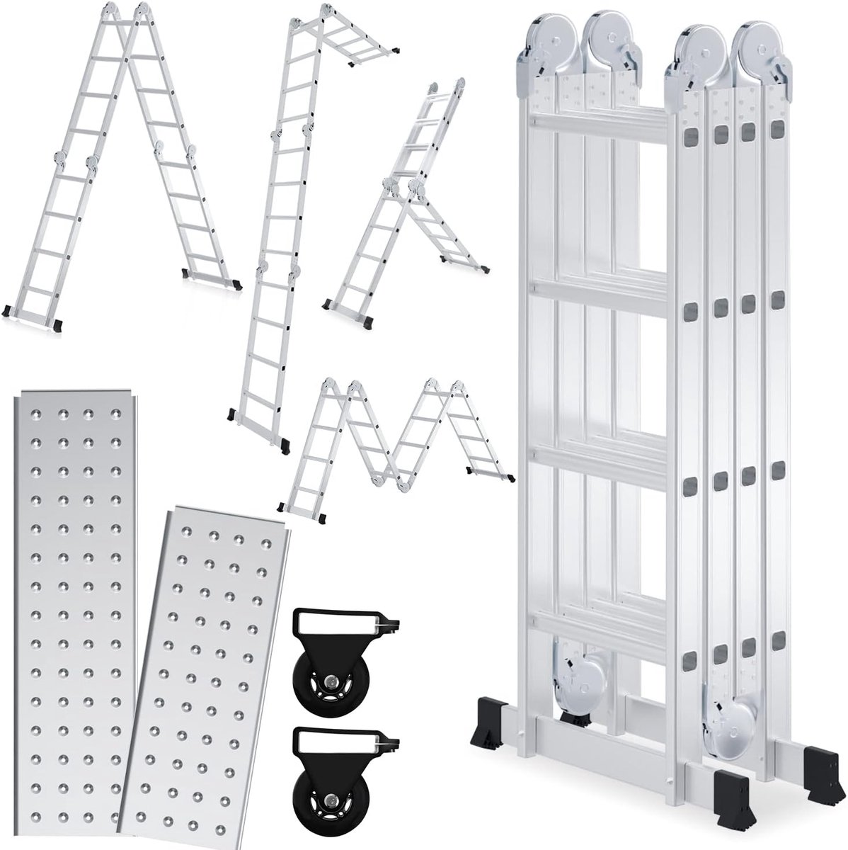 Sonnewelt Multifunctional Ladder 4 x 4 Steps - Aluminum, 4.7 m With Platform and 2 Scaffolding Plates - Stepladder Up to 150 kg, Folding Ladder, 16