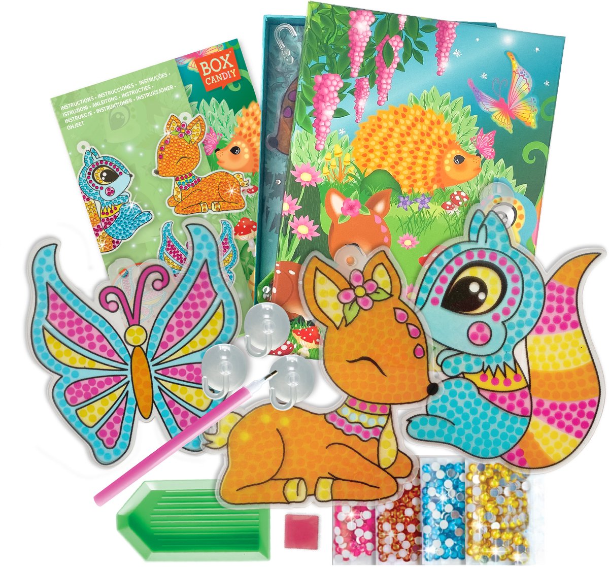 BOX CANDIY Zonnevanger Knutselset voor Kinderen – DIY Knutselpakket met 3 Lichtvanger Borden, Zuignappen, Kleurrijke Edelstenen & Opbergbox – Creatieve Sun Catcher Activiteit