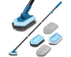 JEHONN Scrubber with Handle, Cleaning Brush for Bathroom with Telescopic Rod, 130 cm, 4 Different Sponge Brushes for Patio, Tiles, Bathtub (Blue)