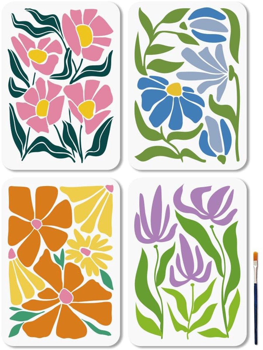Dailygoods- Bloemen Stencil Set - 4 Stuks Herbruikbare Stencils - 29,7 × 21 cm - Kunststof - Boho Bloemen Ontwerp - Inclusief Verf Borstel - Schilderstencils