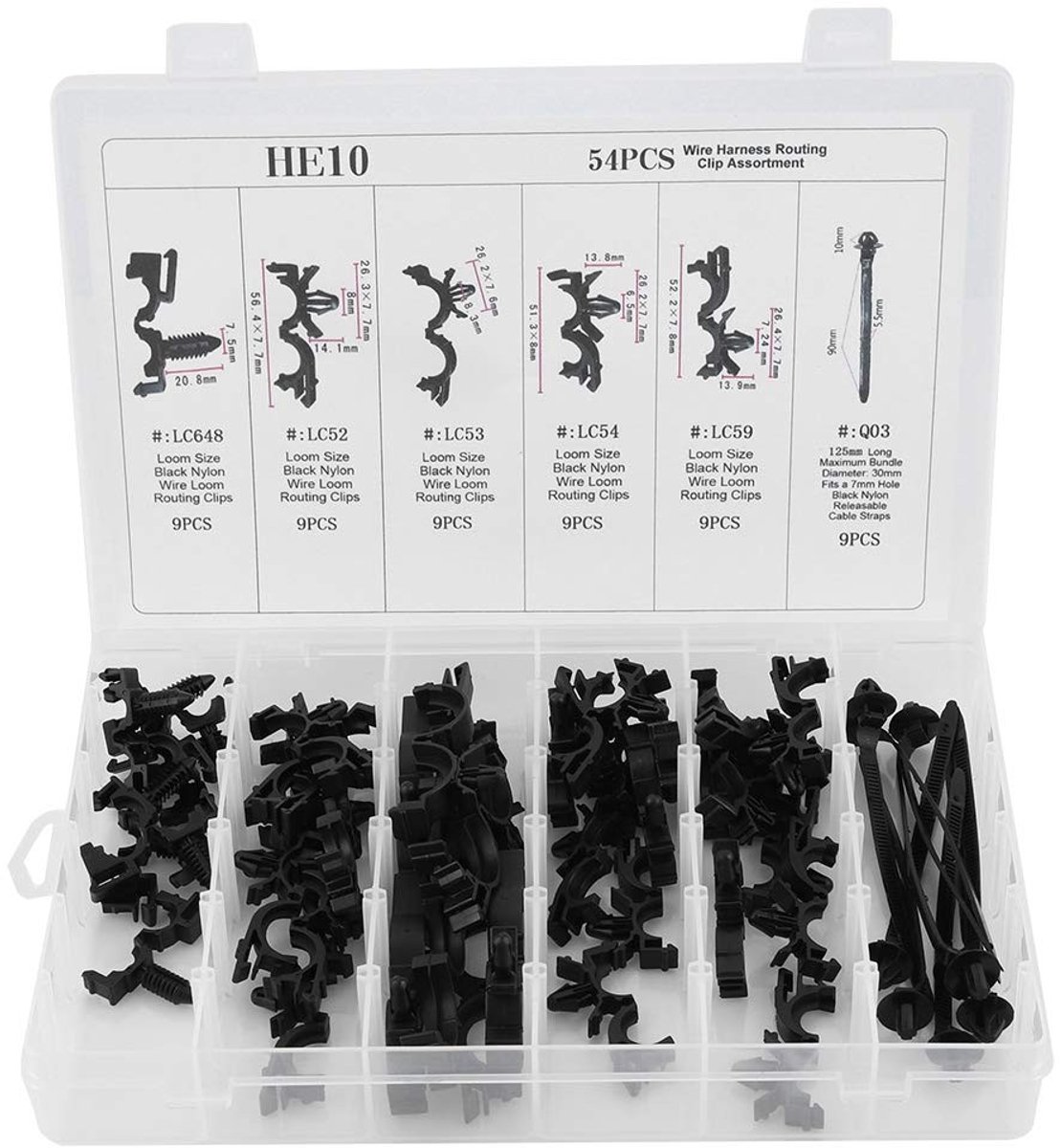 Dailygoods- Bedrading Harnas Clip 54 Stuks - Diverse Auto Body Bevestiger - Draad Routing Clip - Kunststof - Zwart - 6 Verschillende Maten - Autokabelclip