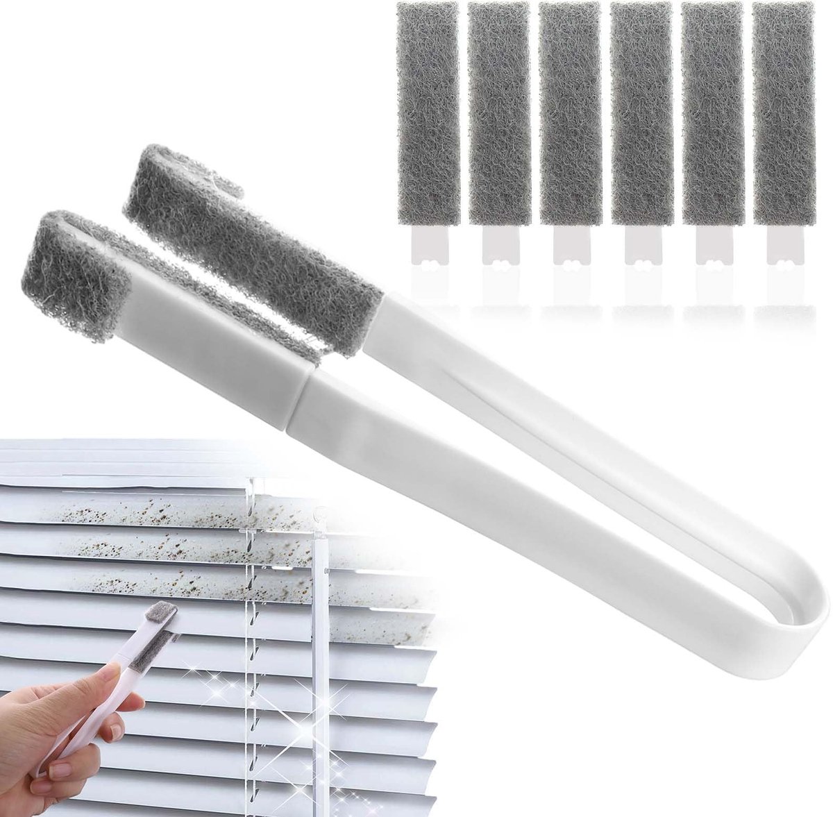 Dailygoods- Reinigingsborstel met 6 Reservekoppen - Jaloezieën Reiniger - Plumeau voor Deurrail/Raamrail - Handvat - Slijtvast PP-Stof - Jaloezieënreiniger