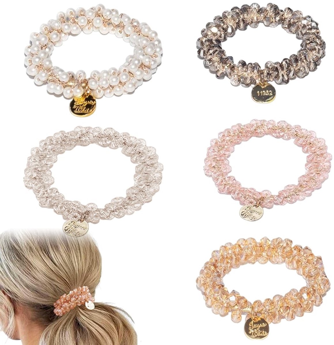 Dailygoods- Haarelastiekjes 5 Stuks - Parel/Strass - Elastisch/Duurzaam - Modieus Haaraccessoire - Comfortabel - Geschikt voor Dames/Meisjes - Haarband