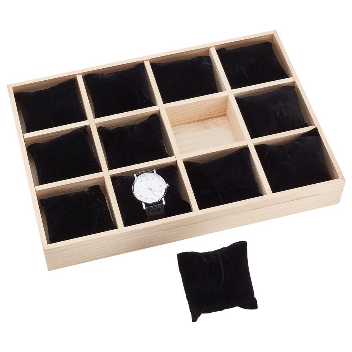 Dailygoods- Horloge-organizer met 12 sleuven - Houten houder - Verwijderbare fluwelen kussens - Stapelbare sieradenarmband - Opberglade - Zwart, 35,1x24,1x5 cm - Sieradenorganizer