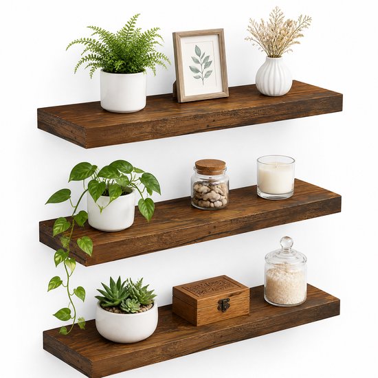 Drie walnootkleurige zwevende planken, versierd met planten, een fotolijstje, vazen en decoratieve potten.