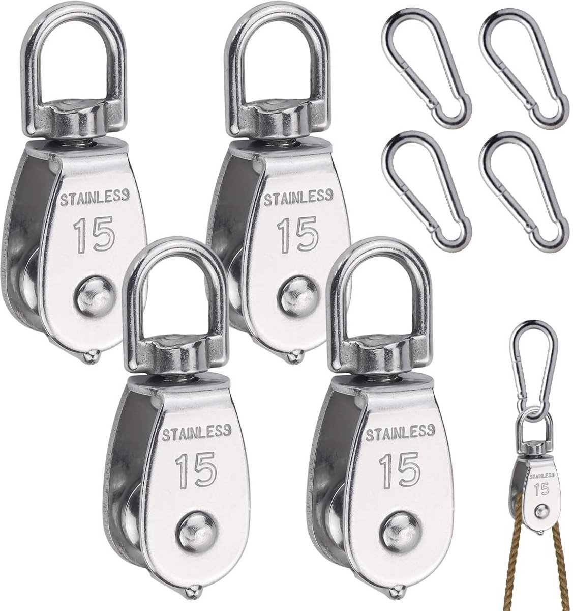 Dailygoods- Kabelrol 360° Draaiend - Roestvrij Staal - Katrollen - Draagkracht 35 kg - Karabijnhaken M4 - Veiligheidspin - Katrol