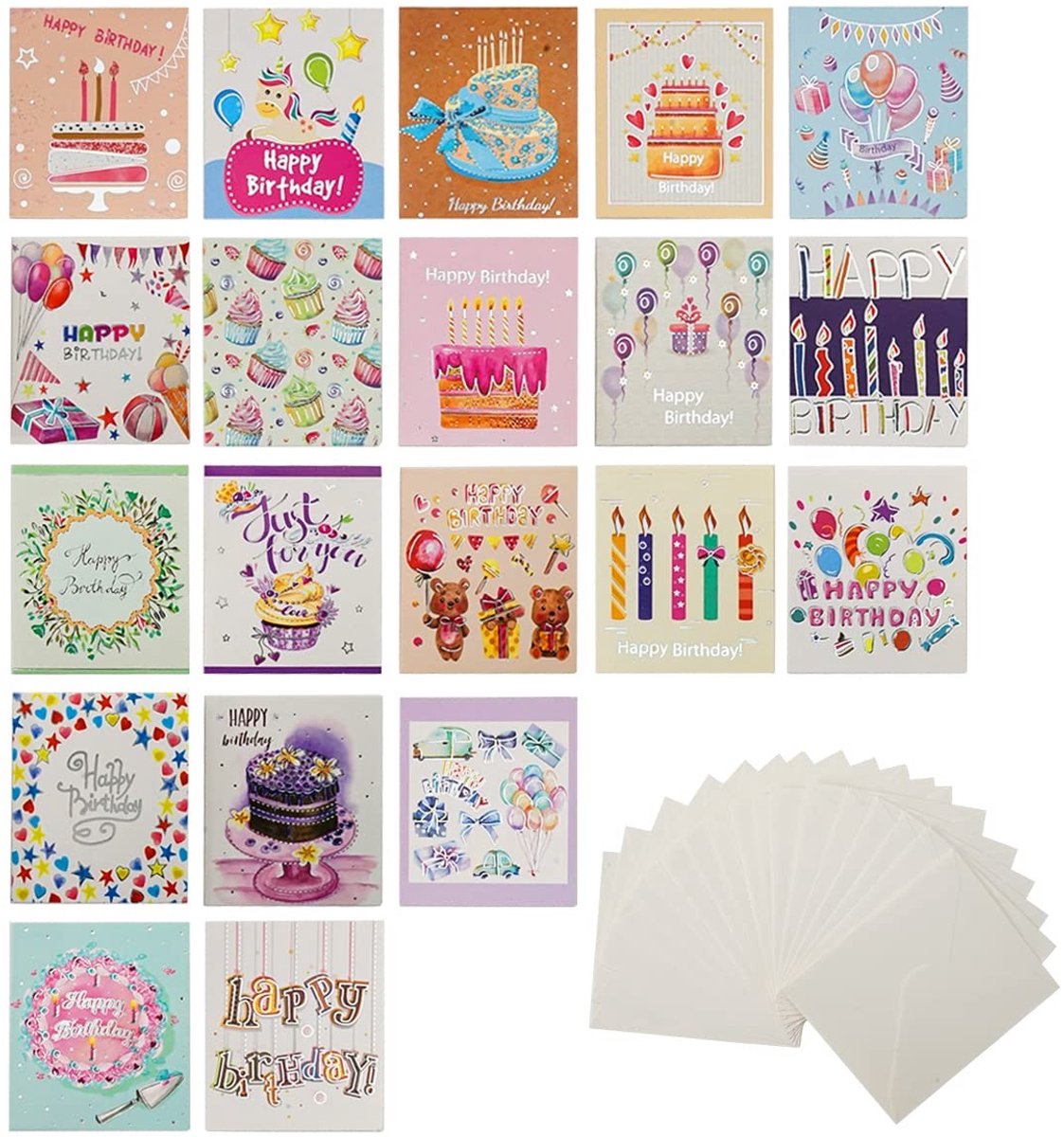 Dailygoods- Verjaardagskaart set 20-delig - Kleine Wenskaarten - Met Envelop - Geschikt voor Mannen/Vrouwen/Kinderen - 14 x 8,2 cm - Diverse Patronen - Wenskaart