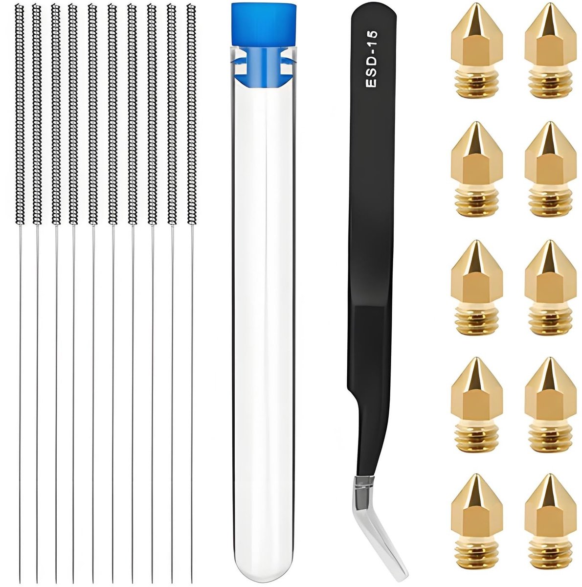 Dailygoods- Reinigingsset voor 3D-printers - 10 MK8-sproeiers 0,4 mm - 10 reinigingsstiften - breed compatibel - ergonomische handgreep - effectief bij verstoppingen - 3D-printer Gereedschap