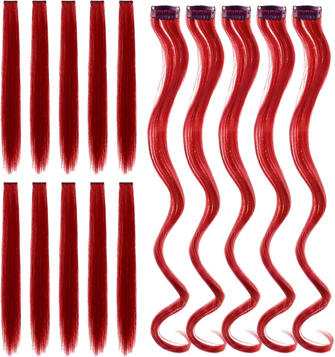 Dailygoods- Haarextensies 15 Stuks - Clip-on Haarverlengingen - Feesthaardecoraties - Damespruiken - Haaraccessoires - Rood 55 x 3,5 cm