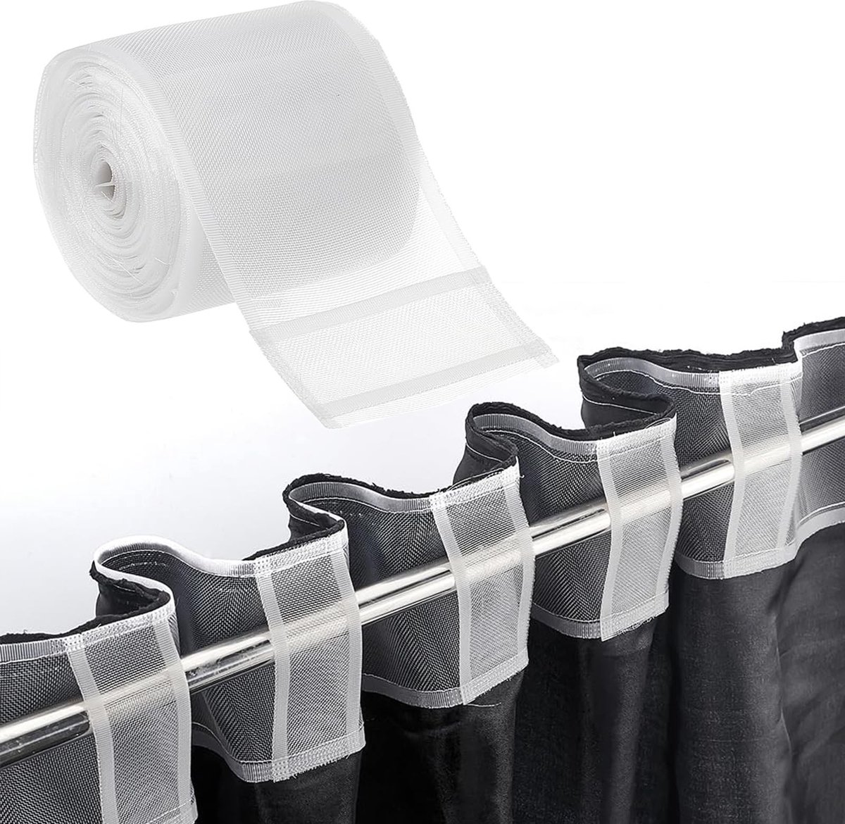 Dailygoods- Gordijnband 10 cm x 10 m - Plooiband voor gordijnen - Haken voor gordijnroede - Transparant naaiband - Potloodplooien - Geschikt voor stangen