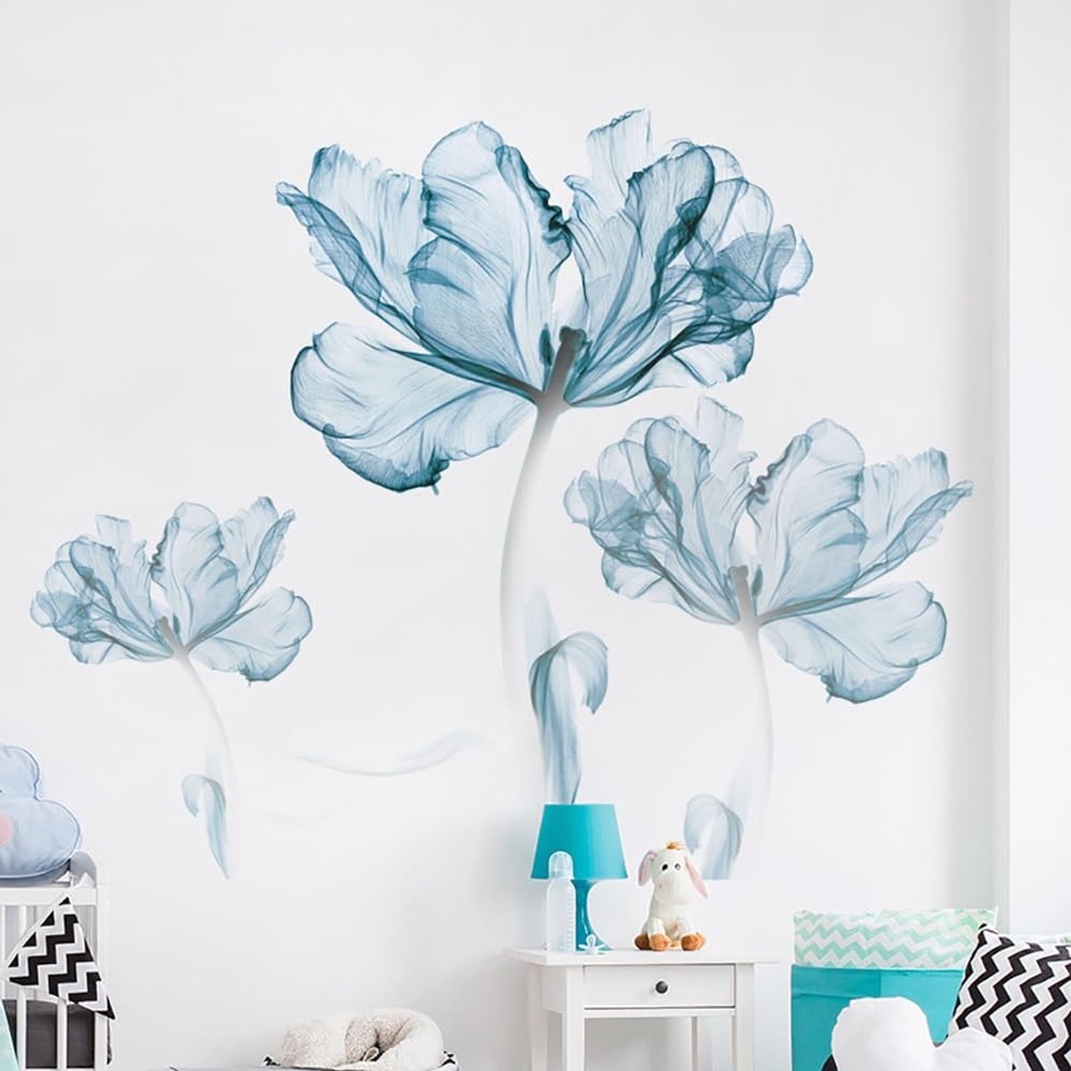 Dailygoods- Muurstickers Bloemen - Blauwe Klaproos - Wanddecoratie Slaapkamer - Wanddecoratie Woonkamer - Wanddecoratie Kinderkamer - Eenvoudig aan te brengen