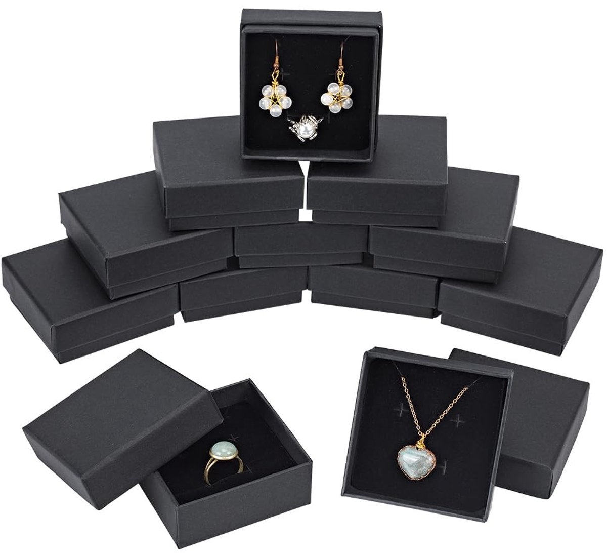 Dailygoods- Geschenkdozen met deksel - Sieraden/doosjes - Mat zwart - Bekleed met fluweel - Gemaakt van gerecycled kraftpapier - Verschillende maten - Sieradendoosje
