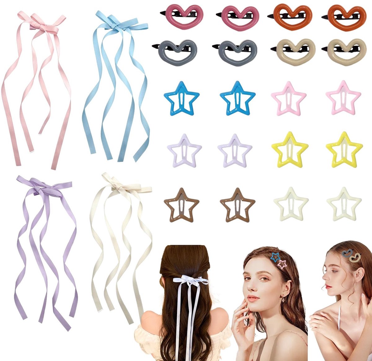 Dailygoods- Haarclips 24 Stuks - Hart/Haarspeldjes - Ster/Haarspeldjes - Lange Lintstrik - Kleurrijke Haarspelden - Schattige Haaraccessoires