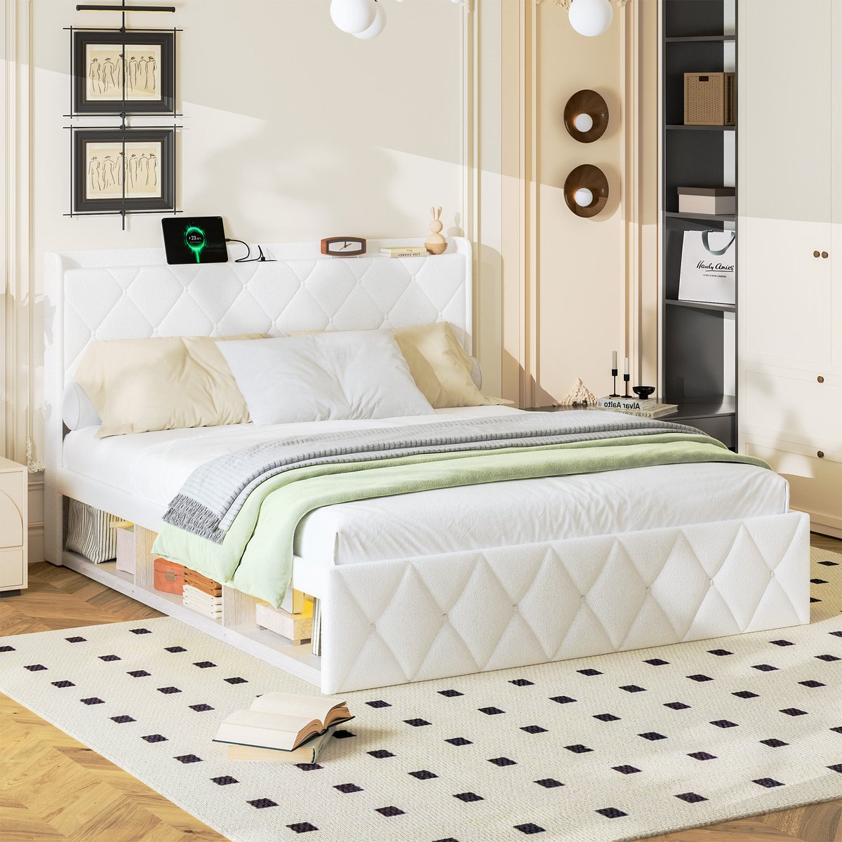 HAUSS SPOLE Gestoffeerd Bed 160x200cm - Tweepersoonsbed Met USB Oplaadpunt En LED Verlichting - Zonder Matras - Teddy Stof - Wit