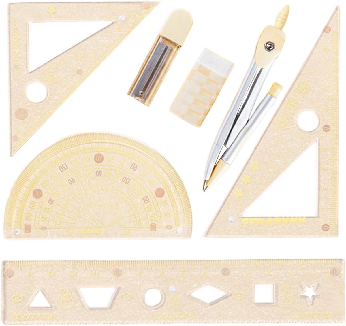 Geometrieset - Meetinstrumenten set - Tekenen en meten - Transparant met dubbele kleurlay-out - 15 cm liniaal - Transparant