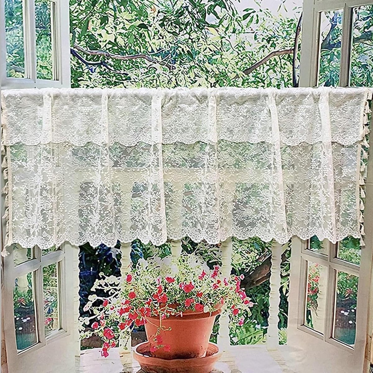 Keuken Vitrage Gordijn - Bistro Gordijn - Raam Decoratie - Bloemenpatroon - 230 x 45 cm -