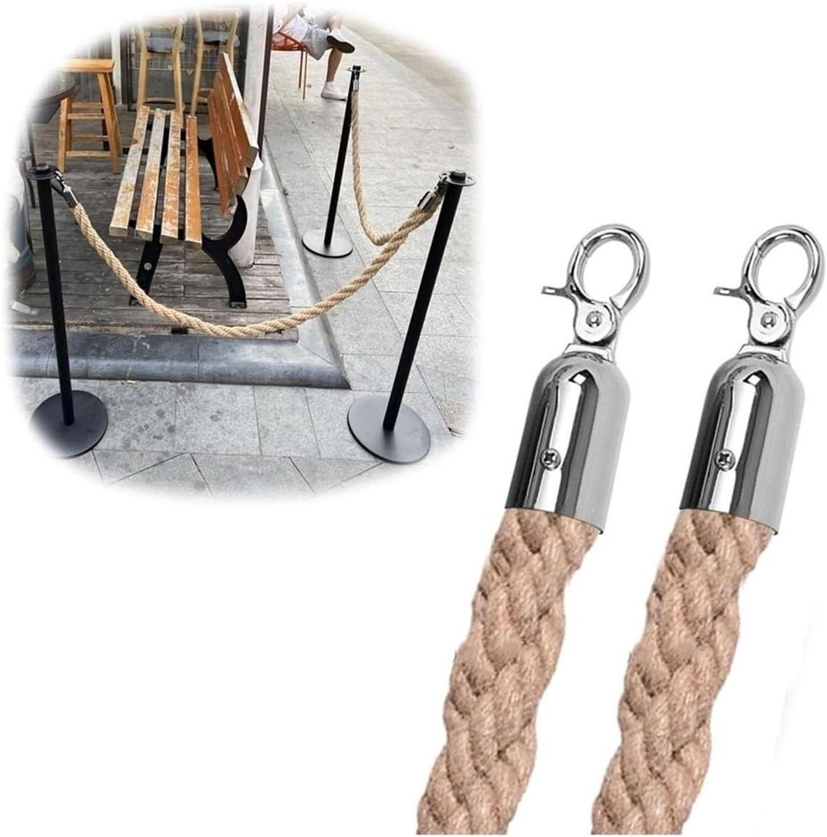 Afzetlint Touw - Barrière Touw - Massa Beheersing - Zilveren Clips - 3 Meter - Natuurlijk